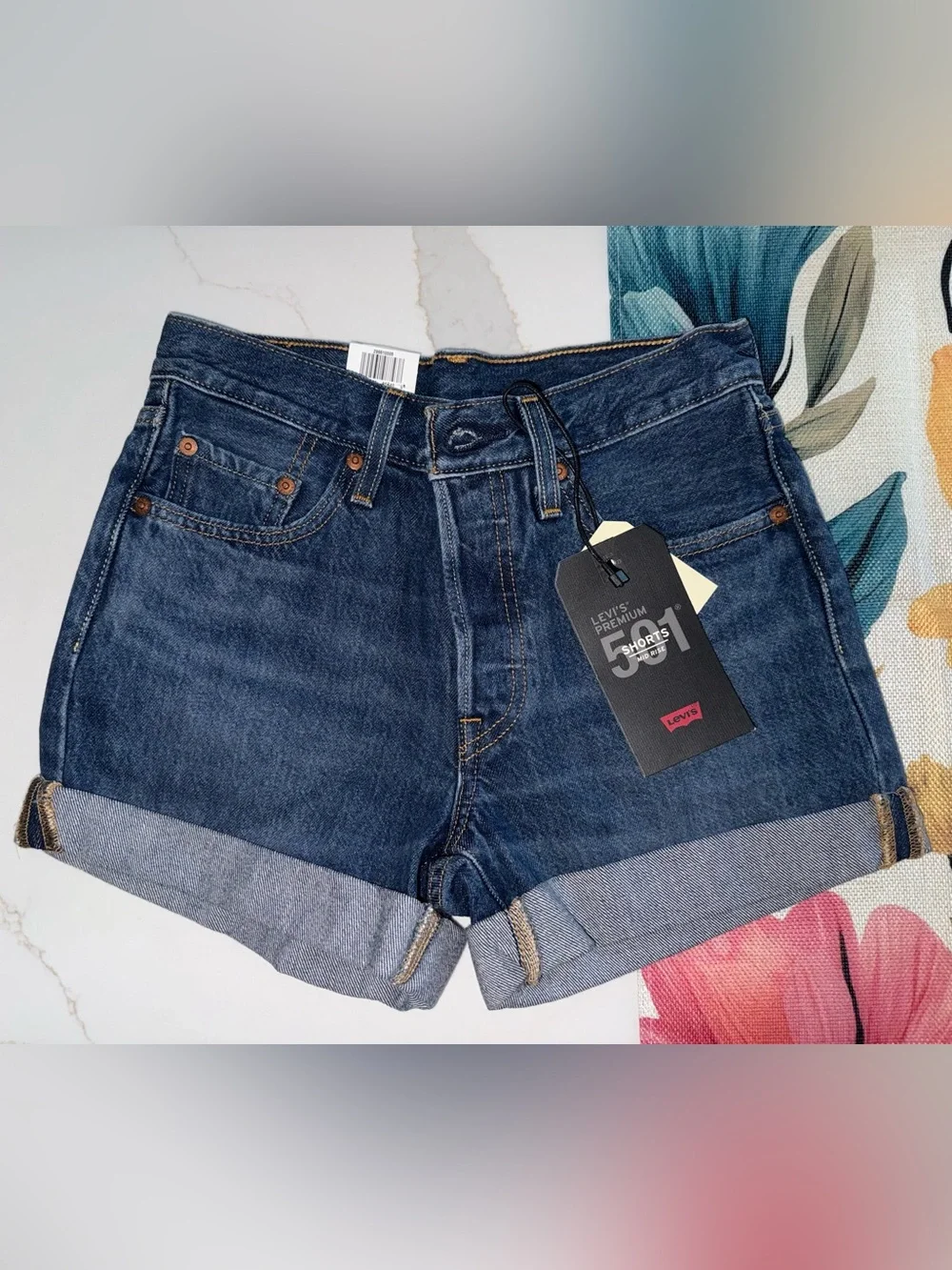 Levi's Dark Blue 501 Mid Rise Jean Shorts - Cuffed Hem